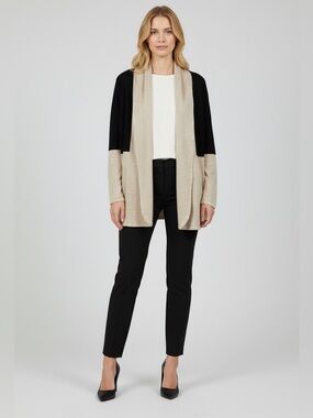 Cyrus, Colorblock Open Front Cardigan, Beige Black, Lightweight Knit, Size L